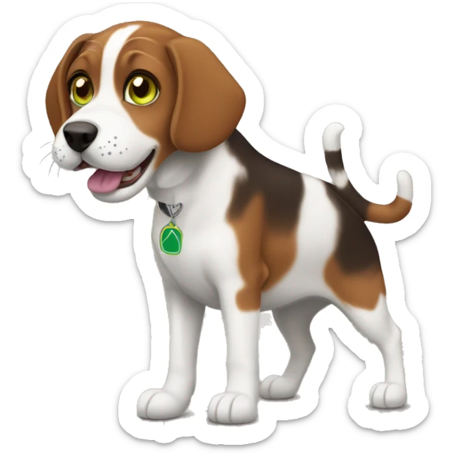 green eyed dark brown tabby cat playing with a tricolor beagle dog sticker