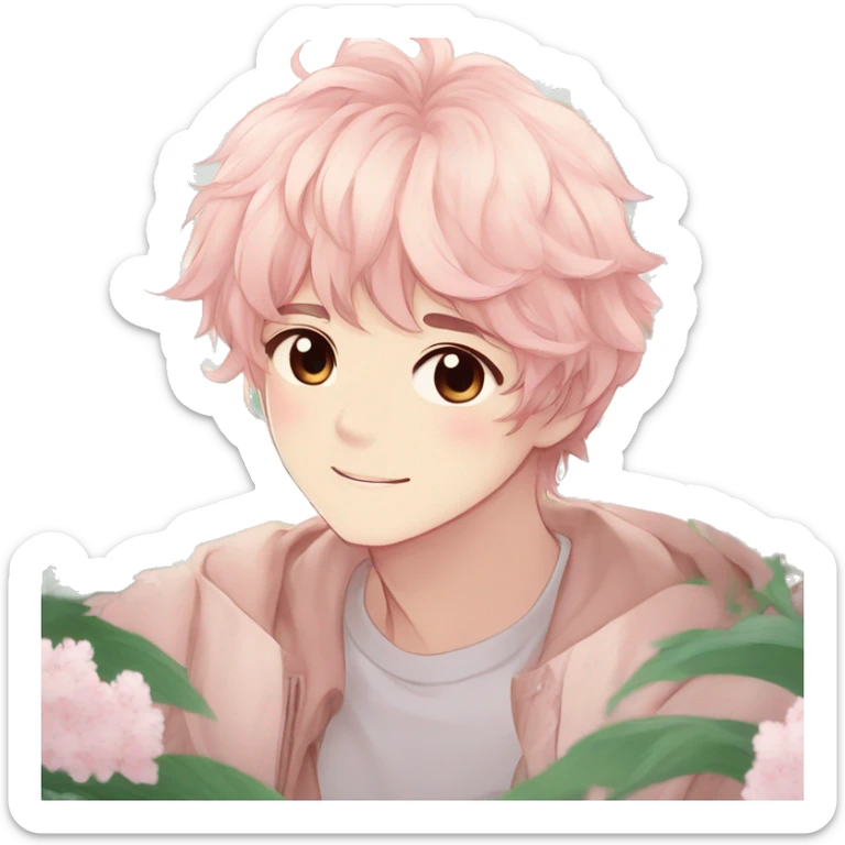 Gorgeous pastel anime style shojo guy with blushing face and flowers aesthetic trending style outside sticker