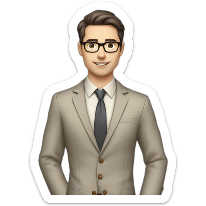 Pale skinned fit man with dark brown hair in gray jacket, beige office shirt, brown tie, brown pants and vintage glasses Writing on the marker board sticker