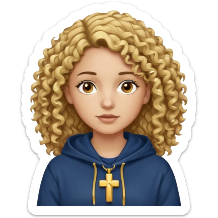 woman with curly brown hair and blonde highlights, brown eyes, and a gold cross necklace over a navy hoodie. sticker