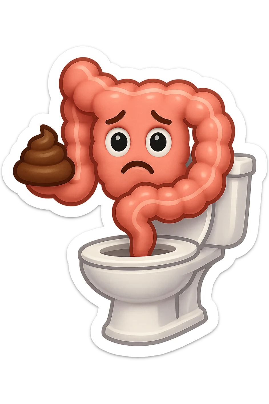 emoji stile iphone di un intestino che esce dal wc con in mano una montagnetta di feci con espressione triste a palline sticker