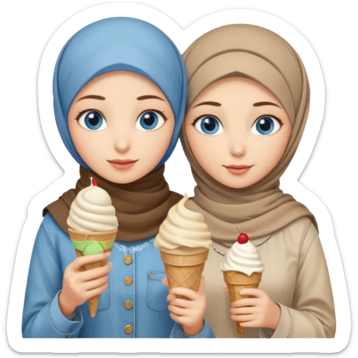Turkish beautiful finish Konya two girls blue eyes with beige denim hijab islamic dress and had on her hand ice cream in cup sticker