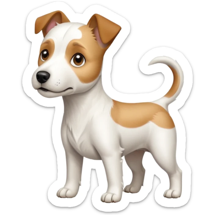 a full body white parson russell looking dog the size of a kelpie with light brown ears and a light brown patch on one eye and a large snout sticker