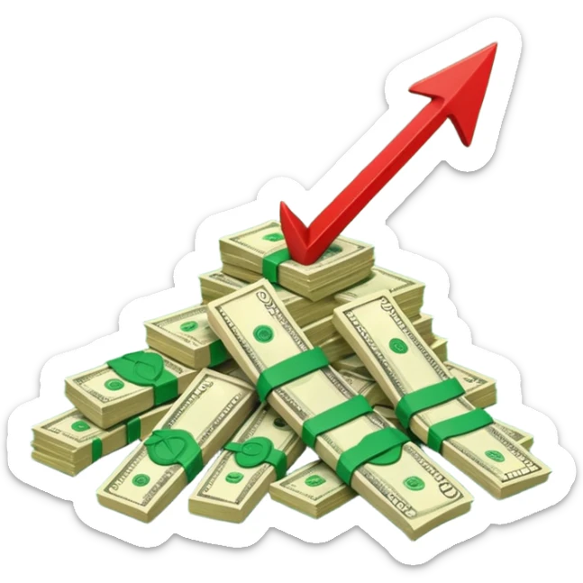 a pile of money infront of strategy paper with one red arrow up sticker