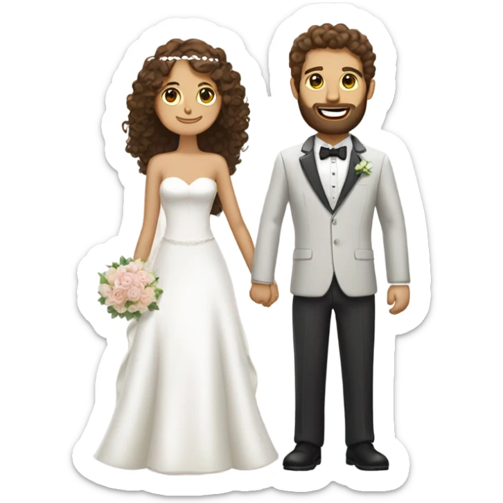 Bride with medium brown curly hair and a groom with dark brown short hair and long beard  sticker