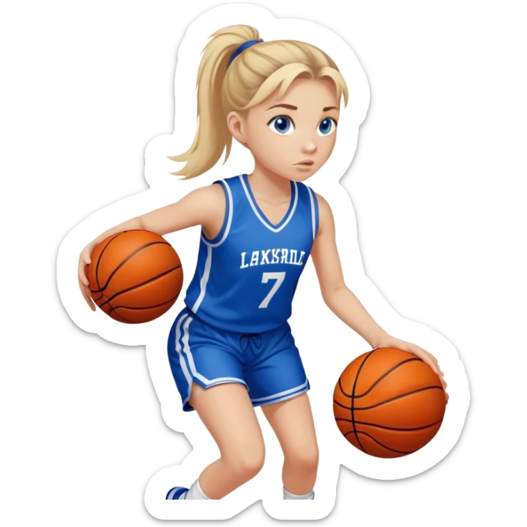 Fair skinned girl with blonde hair tied in a ponytail and blue eyes dribbling a basketball in a blue basketball kit with the number 7 with white, determined expression sticker
