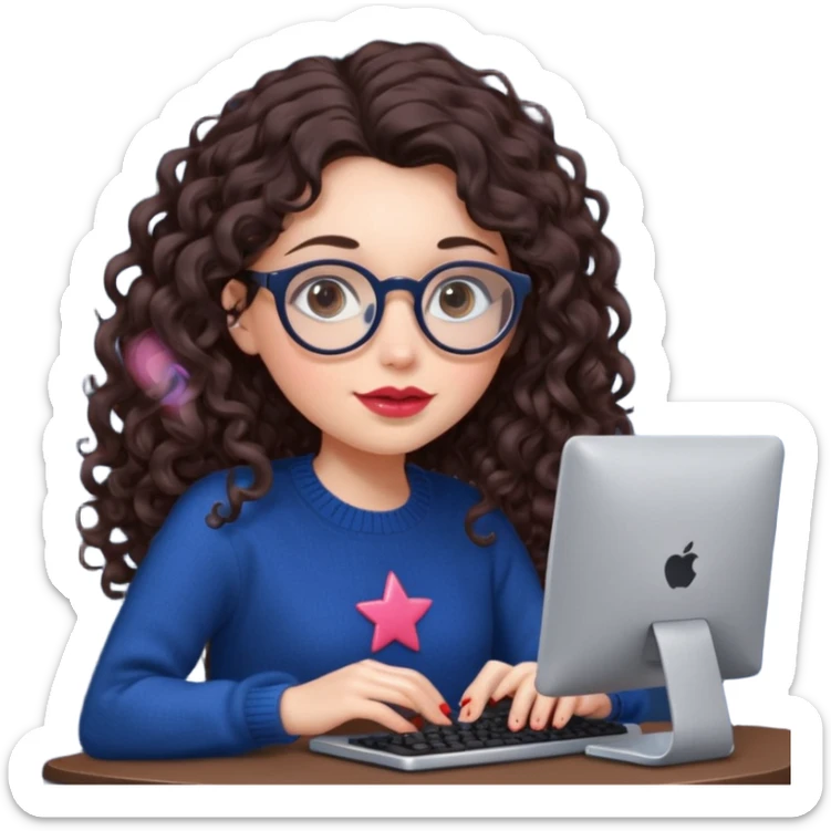 a white young woman with very long curly dark brown/chocolate hair typing in a computer. she's using round glasses, her lips are light red and her cheeks slightly pink. Her eyes are dark brown. She's using a dark blue knit sweater that has a tiny star in the middle   sticker