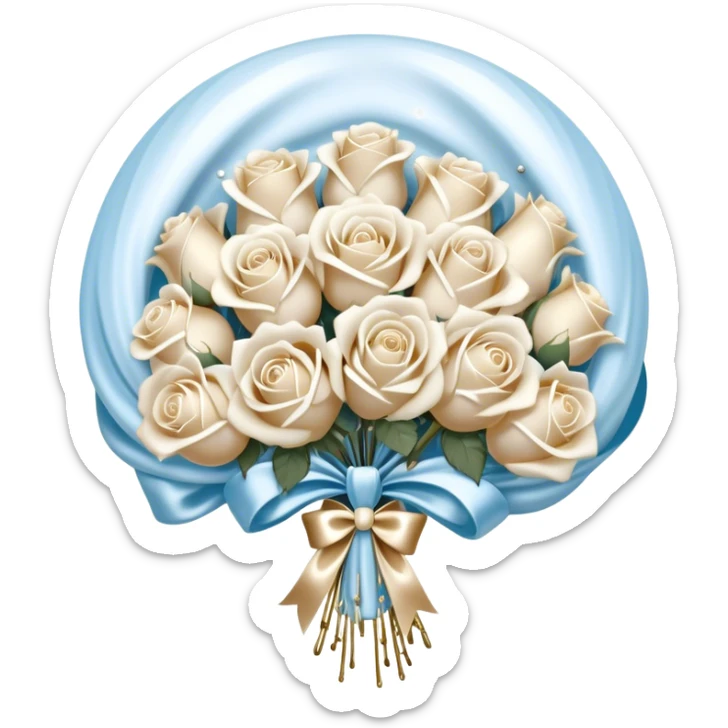 A backdrop of pearlescent ivory silk, draped like flowing water, provides the perfect setting for an exquisite bouquet of snow-white and pale blue roses, bound with a luxurious satin bow in soft beige. The ribbon’s ends curl gracefully, intertwining with delicate strands of pearls resting beside the bouquet. Above, a selection of metallic pearl balloons in warm champagne, opal white, and soft gold drifts effortlessly, their reflections creating a luminous, serene glow that enhances the timeless elegance of the scene. sticker