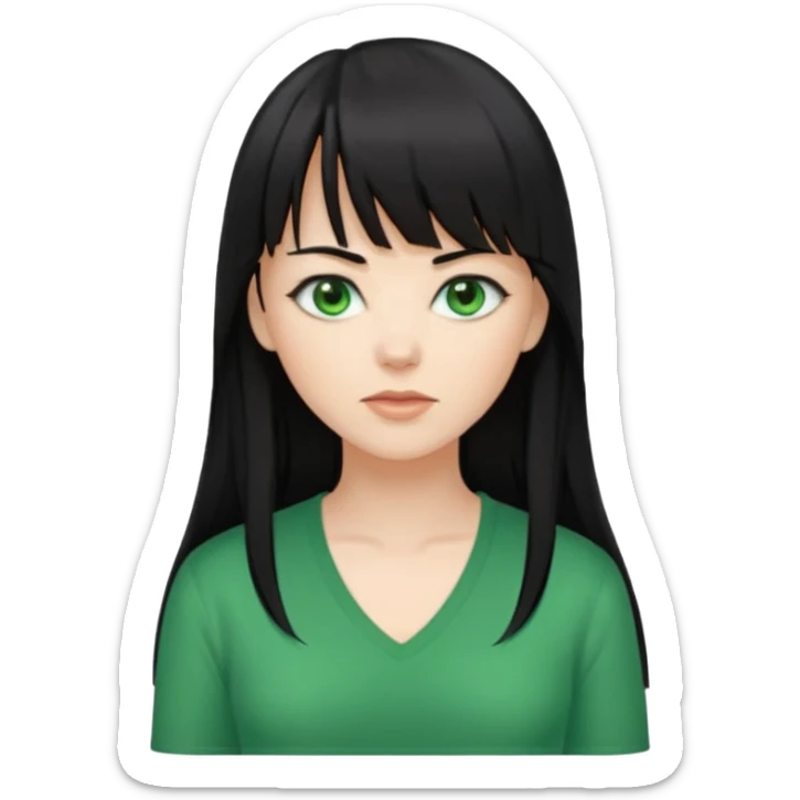 A white woman with Long straight hair with bangs, black hair, green eyes and a low-cut shirt sticker