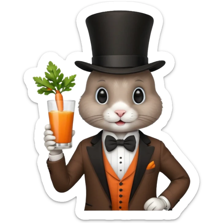 rabbit wearing suit, bowtie and top hat, holding glass of carrot juice sticker