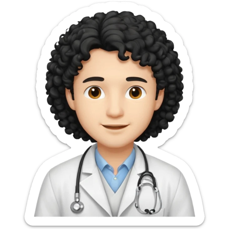 a young male doctor with black long curly hair and cheerful face sticker