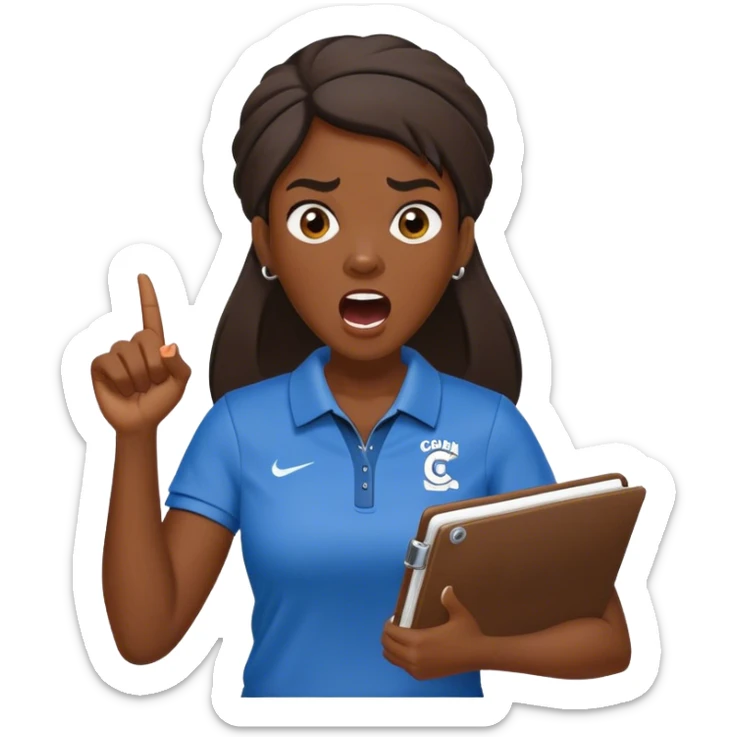 yelling female sport coach with coach wear(with LockIn written on it) and holding a notebook sticker