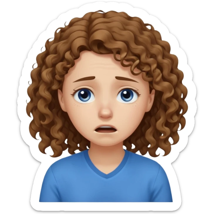 white young curly long hair girl, brown hair, with a blue shirt, in despair crying sticker