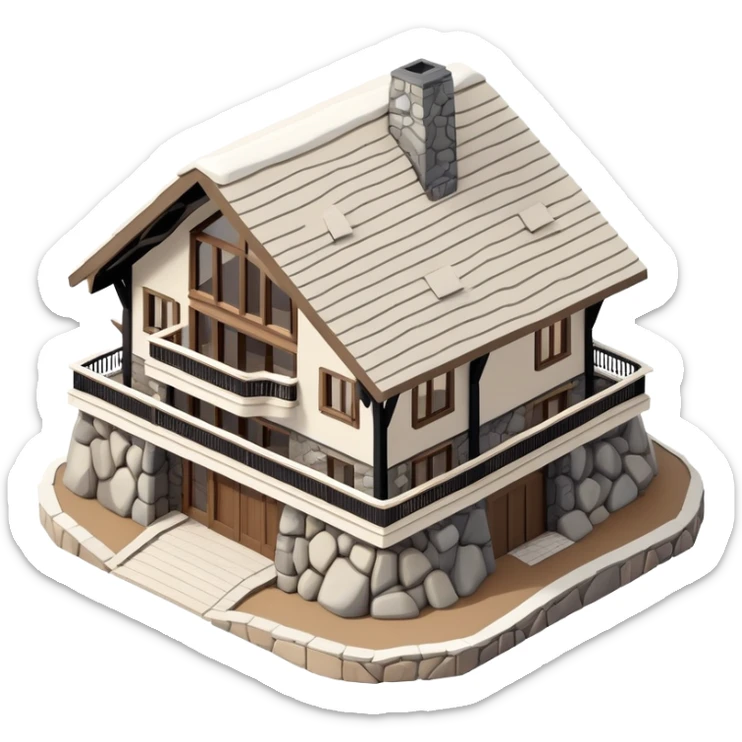 Isometric exterior little black, beige, and white mountain ski resort lodge, stone and wood, dollhouse style 3D realistic  sticker