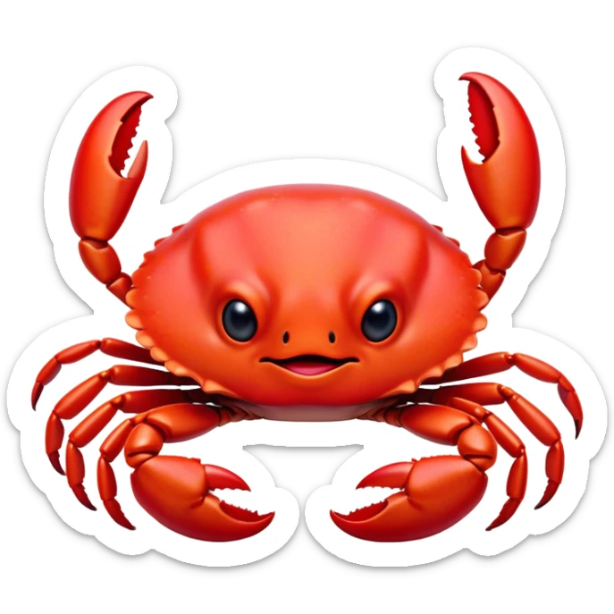 Cinematic Cute Red Crab Portrait Emoji, Head tilted playfully and inquisitively, featuring a compact, vibrant scarlet carapace with adorably small, expressive eyes and gentle, rounded pincers, Simplified yet irresistibly adorable features, highly detailed, glowing with a warm, friendly oceanic glow, high shine, affectionate and lively, stylized with a touch of seaside whimsy, soft glowing outline, capturing the essence of a mischievous yet loving red crab that seems as if it could pinch its way out of the screen into your arms! sticker