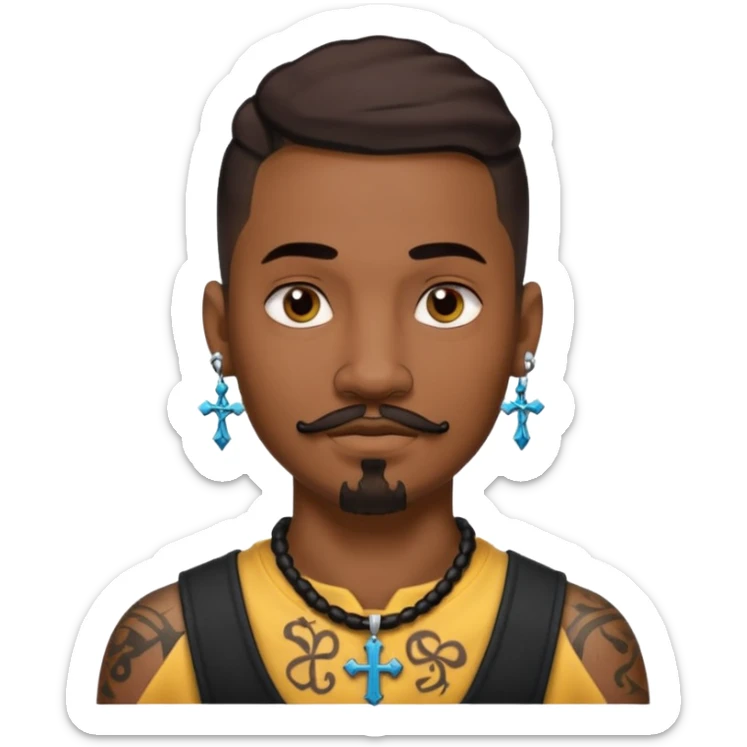 Deci creează mi un emoticon cu un băiat mai creol care are doar o coadă are cercel intr o ureche are tatuaje și barba cioc și mustața și are lanț la gât cu cruce sticker