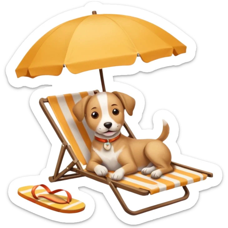 a dog laied on a beach chair, a sunny beach, a sun umbrella, and flip flops the icon should capture the essence of a relaxing beach vacation with a carefree atmosphere sticker