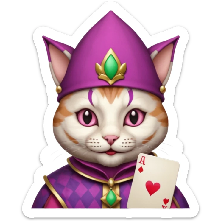 court jester cat medieval, single poker card joker clearly visible, pink, face only, round badge,  court jester cap sticker