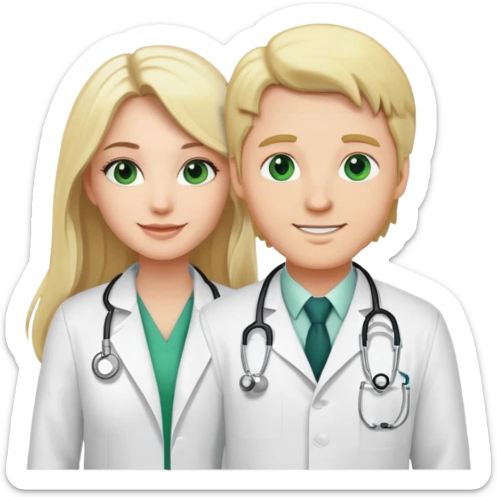 White guy with blonde hair and white girl with long black hair and green eyes. Doctors sticker