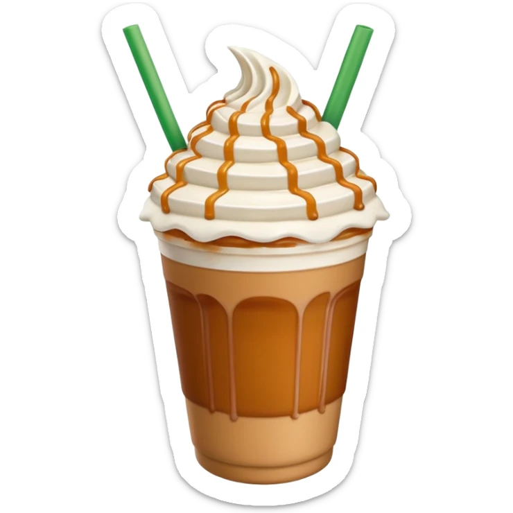A 3D cartoon cup of caramel frappuccino topped with whipped cream and caramel drizzle, green straw, no logo, frosty texture, soft lighting, Memoji-style. sticker