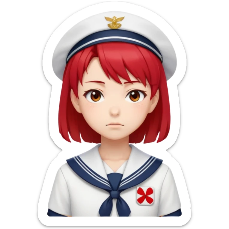 Serious anime girl with short bright red hair wearing Japanese sailor style school uniform, intense gaze and slight frown, disciplined posture sticker