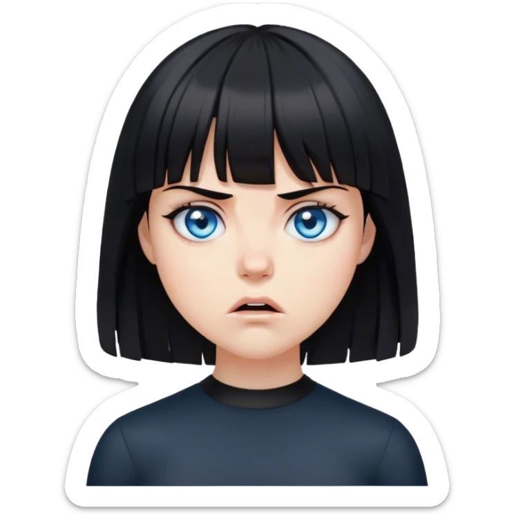 Girl angry wearing black with black medium length hair with bangs and blue eyes sticker