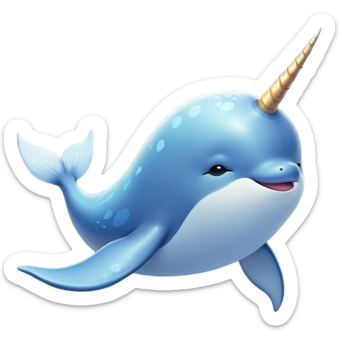 Beautiful and Majestic Cute Narwhal Portrait Emoji, Head and body rendered in serene repose with a gentle, radiant smile, showcasing a streamlined, graceful form adorned with a luminous spiraled tusk and peacefully closed eyes, Simplified yet exquisitely endearing features, highly detailed, glowing with a soft, majestic ocean light, high shine, serene and utterly enchanting, stylized with an air of magical marine splendor, soft glowing outline, capturing the essence of a beautiful and majestic cute narwhal that embodies the quiet wonder of the deep blue! sticker