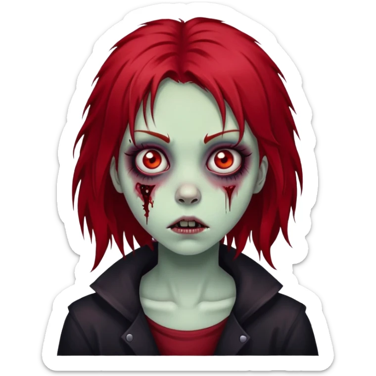 girl zombie with red medium-long shaggy emo hair, dark and spooky, creepy expression sticker