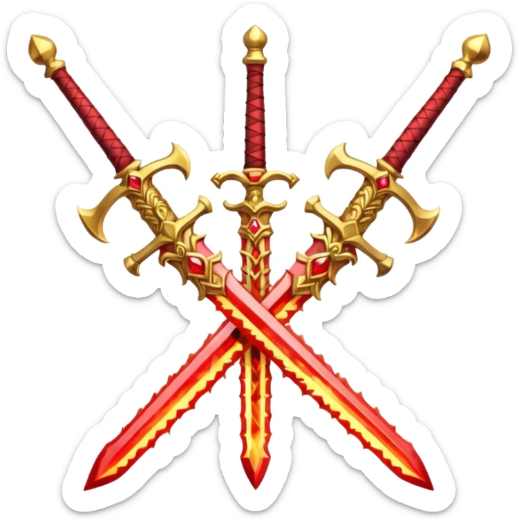 Two powerful on fire fully golden fiery royal crossed swords with red gems sticker