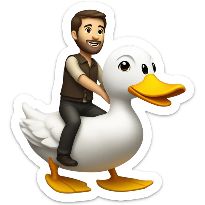 White Man with dark brown hair and a short beard riding on the back of a giant duck sticker