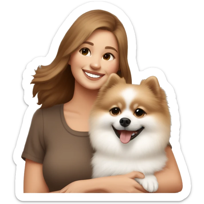 White and beige Pomeranian in the hands of a white young woman with brown hair smiling and cuddling the dog  sticker