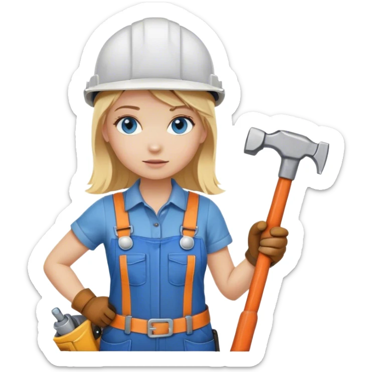 A blond girl blue eyes, handyman Outfit, wearing a Helmet and a Hammer, Whole body  sticker