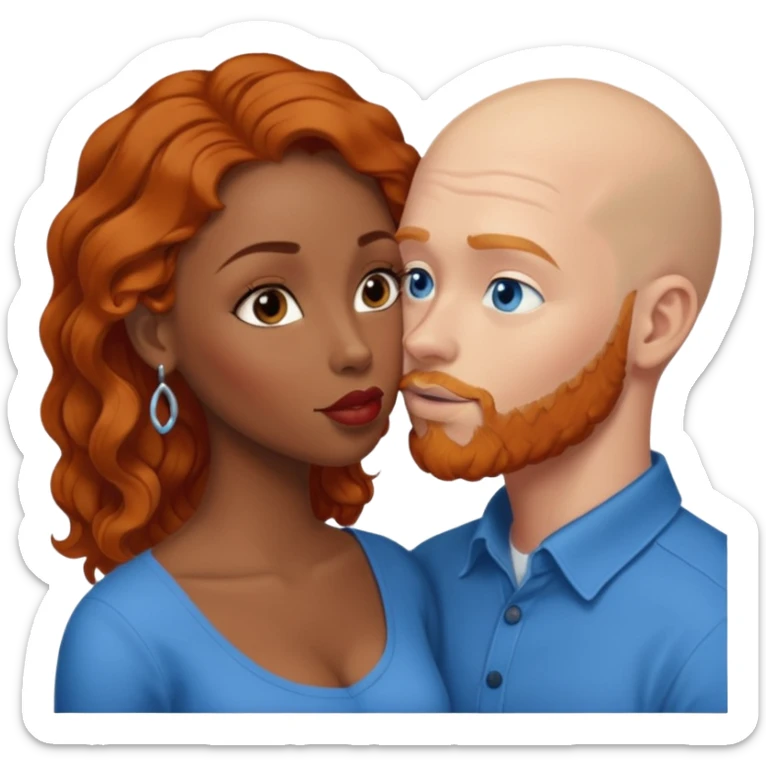 Bald white male with ginger beard and blue eyes kissing African American brown woman with black wavy hair sticker