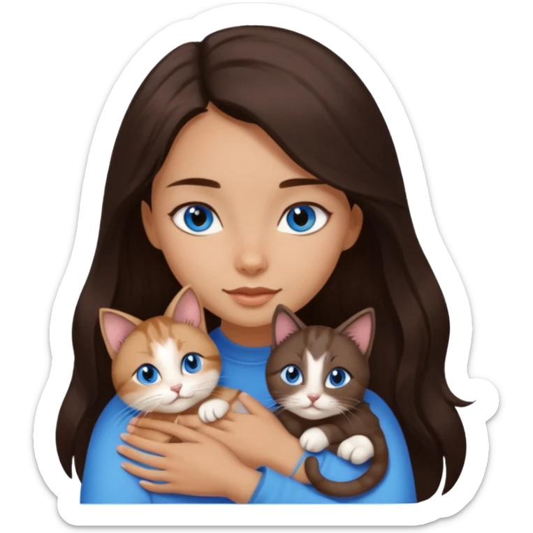 a pretty girl with long dark 
brown hair, with blue eyes, hugs 3 different natural coloured small cats sticker