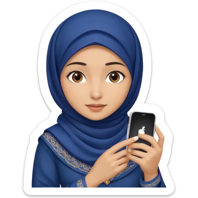 Turkish beautiful finish Konya girl brown eyes with indigo hijab islamic dress and had on her hand phone and makes photo sticker