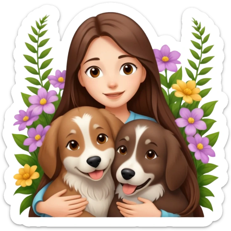 A beautiful girl with long straight hair happily hugs an Alaskan dog in the flowers sticker