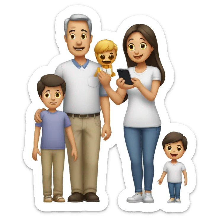 Papá con un iPhone en la mano, con su familia abrazándolo  sticker