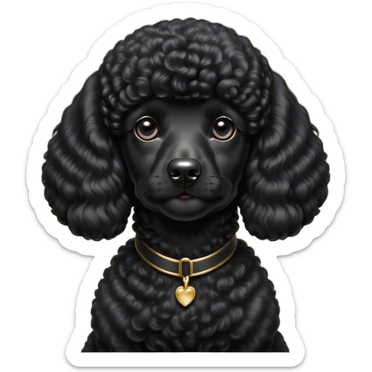 Cinematic Noble Black Poodle Portrait Emoji, Poised and regal, with a refined, elegant build and a meticulously groomed, curly jet-black Fur, deep-set soulful dark eyes, Simplified yet sharp and sophisticated features, highly detailed, glowing with a soft, dignified glow, high shine, intelligent and graceful, stylized with an air of sophistication, focused and attentive, soft glowing outline, capturing the essence of a watchful and confident companion, so majestic it feels as though it could prance out of the screen with effortless authority! sticker