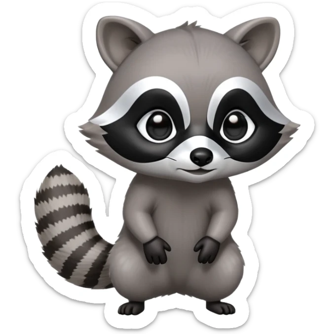 Cinematic-cute Raccoon-Realistic-hunched Full-Body on all fours-Emoji – Tail flicking lazily, head tilted dramatically, thick grey fur with a signature black mask, sharp and alert ears, simplified yet realistic focused features, highly detailed, glowing with an almost sarcastic glow. big black eyes sticker