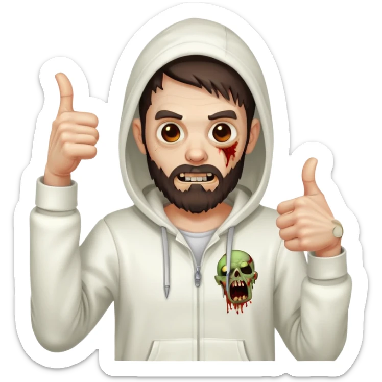 zombie with thumbs up gesture wearing white hoodie, with dark brown hair and short full beard sticker