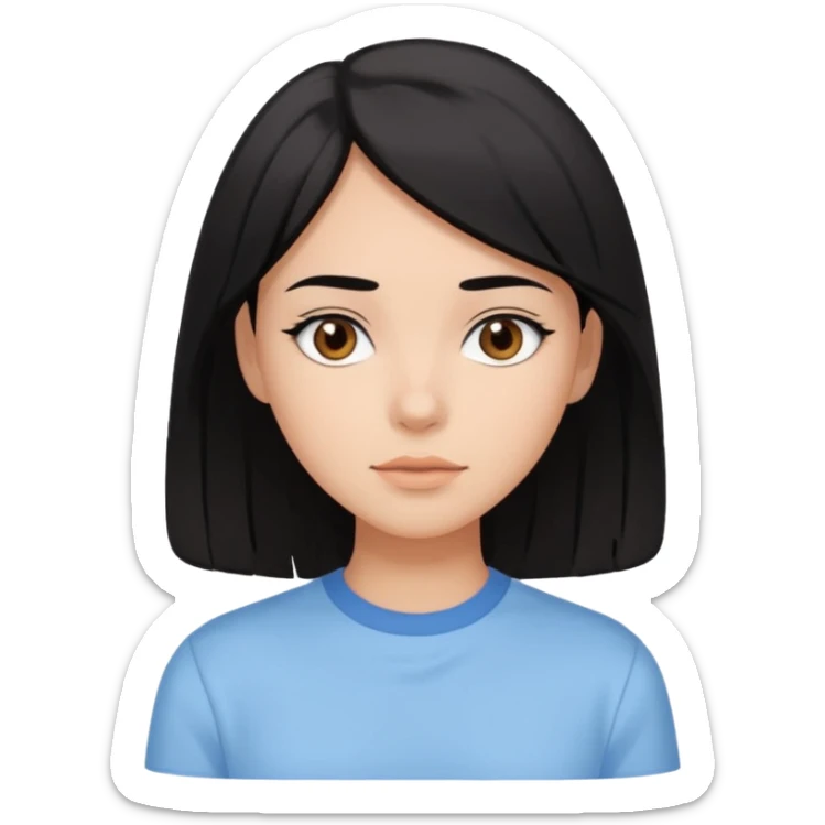 Emoji of a girl with black-brown long bob hair, fair tan skin, brown eyes, soft black eyebrows, pastel blue shirt, clean girl aesthetic, white background  sticker
