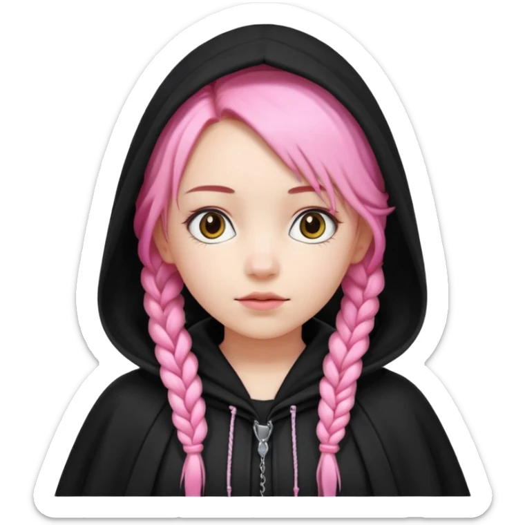 pink braids hair kid girl, white skin, wear black cloak sticker