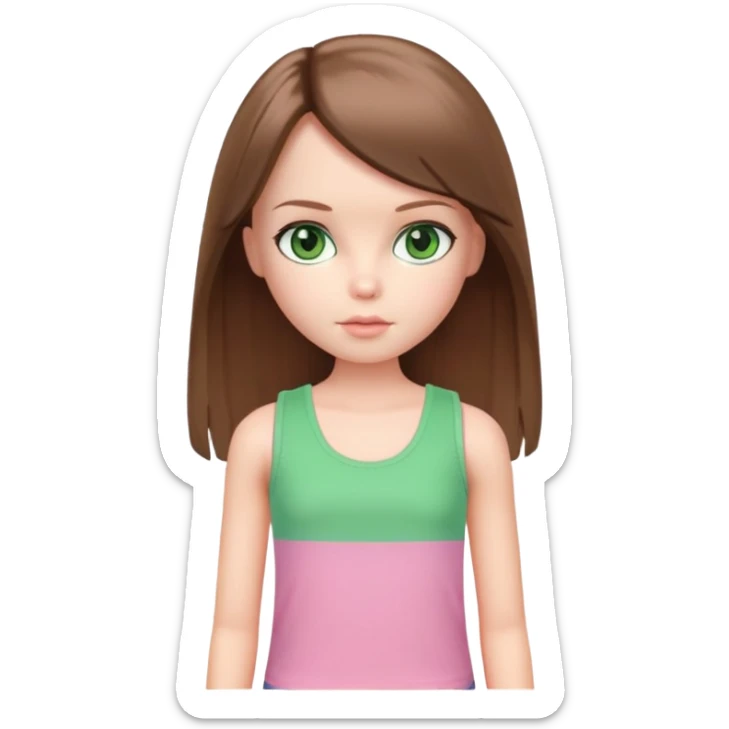 Blythe doll with brown straight hair and green eyes with pink tank top on sticker