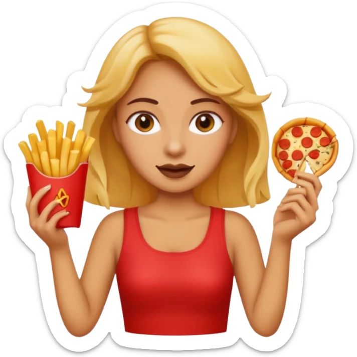 lean female holding fries on one hand and eating pizza on the other hand sticker