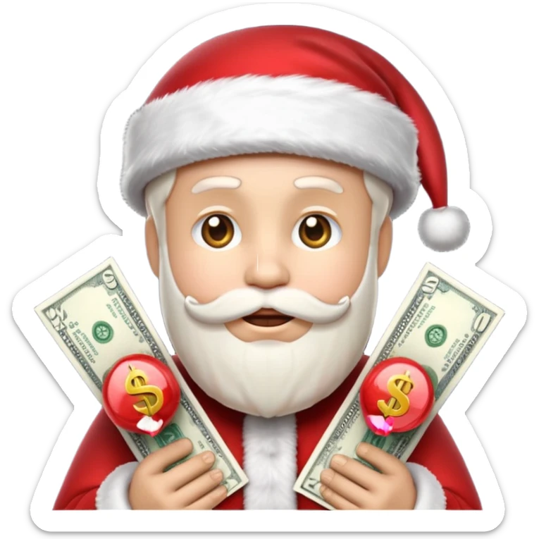 A confident rich emoji face wearing a Santa hat, money stacks, casino vibe, New Year theme, premium 3D emoji style, sharp details, no text, isolated on transparent background sticker