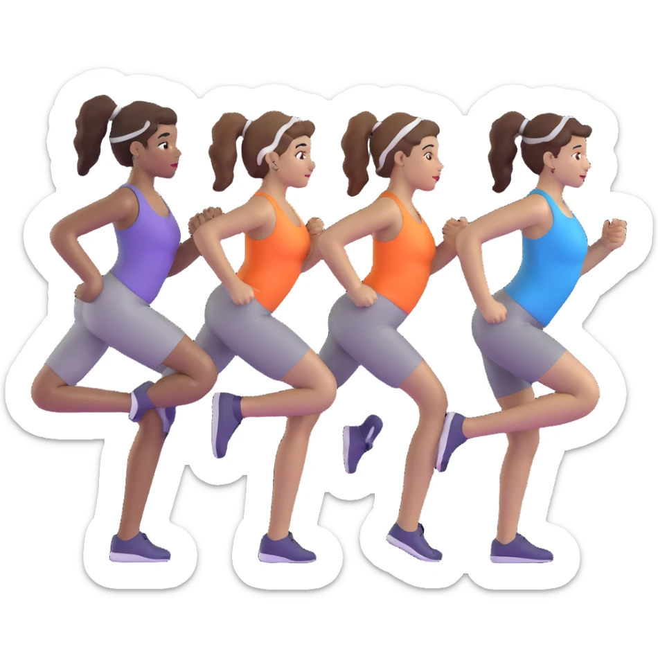 three women friends exercising together, one black woman with curly brown hair, one pale white woman with curly brown hair, and one white woman with straight brown hair in a ponytail positioned on the right sticker