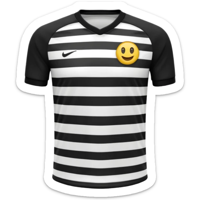 Soccer jersey emoji, cartoon emoji style, front view, black football shirt with a bold vertical white stripe in the center, clean and minimal design, no logo, no sponsor, short sleeves, black round collar, sticker