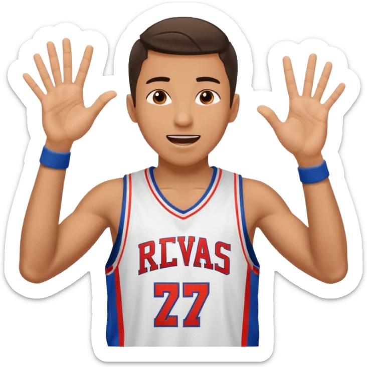 Maverick Trevillian in the crowd at an amateur basketball game. He leans towards the camera and enthusiastically shouts "six seven while performing a distinctive hand gesture: both hands open, palms facing upward, moving up and down as if weighing two options. sticker