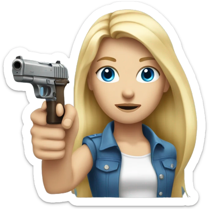 Long Blonde hair blue eyes girl holding gun up sticker
