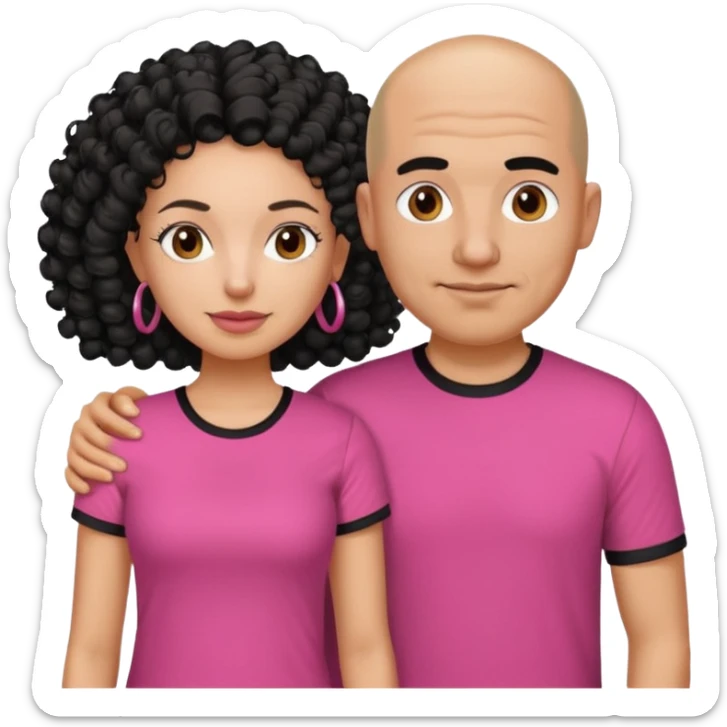 A picture if a couple, the man is a bald Mexican man with a black tee shirt on and the woman is mixed with black and white, with curly hair and a pink shirt on sticker